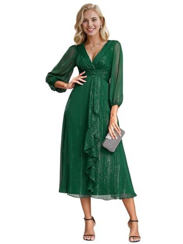Ever-Pretty Abendkleider Damen Elegant für Hochzeit Hochzeitsgäste Kleid Knielang A-Line Cocktailkleid Langarm Festliche Kleider Dunkelgrün 54 von Ever-Pretty