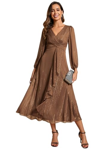 Ever-Pretty Abendkleider Damen Elegant für Hochzeit Hochzeitsgäste Kleid Knielang A-Line Cocktailkleid Langarm Festliche Kleider GRAF Braun 36 von Ever-Pretty