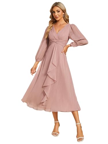 Ever-Pretty Abendkleider Damen Elegant für Hochzeit Hochzeitsgäste Kleid Knielang A-Line Cocktailkleid Langarm Festliche Kleider Staubige Rose 46 von Ever-Pretty