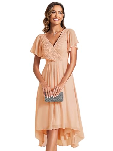 Ever-Pretty Abendkleider Damen Elegant für Hochzeit Knielang A-Line Cocktailkleid High Low Festliche Kleider Pfirsich 40 von Ever-Pretty