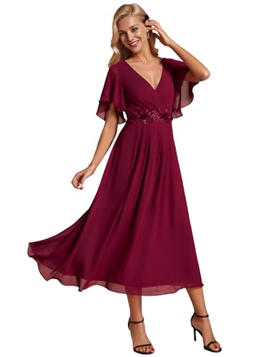 Ever-Pretty Abendkleider Damen Elegant für Hochzeit Knöchellang Hochzeitsgäste Kleid Cocktailkleid Festliche Kleider Burgund 50 von Ever-Pretty