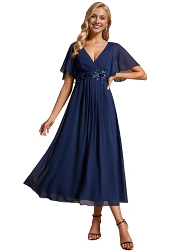 Ever-Pretty Abendkleider Damen Elegant für Hochzeit Knöchellang Hochzeitsgäste Kleid Cocktailkleid Festliche Kleider Navy Blau 38 von Ever-Pretty