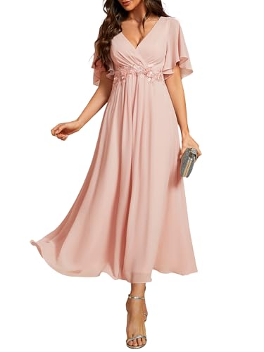 Ever-Pretty Abendkleider Damen Elegant für Hochzeit Knöchellang Hochzeitsgäste Kleid Cocktailkleid Festliche Kleider Rosa 36 von Ever-Pretty