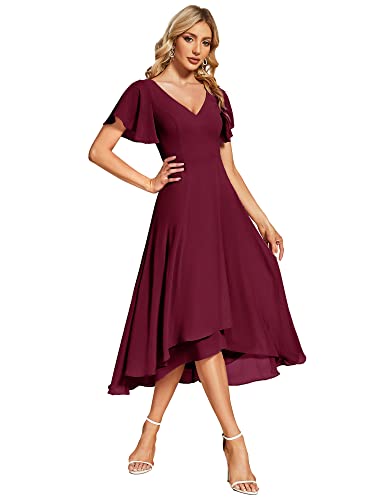 Ever-Pretty Abendkleider Damen Elegant für Hochzeit Midi A-Line Cocktailkleid High-Low Hochzeitsgäste Kleid Brautjungfernkleider Burgund 42 von Ever-Pretty