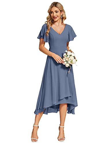 Ever-Pretty Abendkleider Damen Elegant für Hochzeit Midi A-Line Cocktailkleid High-Low Hochzeitsgäste Kleid Brautjungfernkleider Staubige Marine 44 von Ever-Pretty