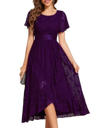 Ever-Pretty Abendkleider Damen Lang Rundhalsausschnitt Brautjungfernkleid Midi Ballkleider Chiffon V-Ausschnitt Cocktailkleid Kurze Ärmel Dunkelviolett 54 von Ever-Pretty
