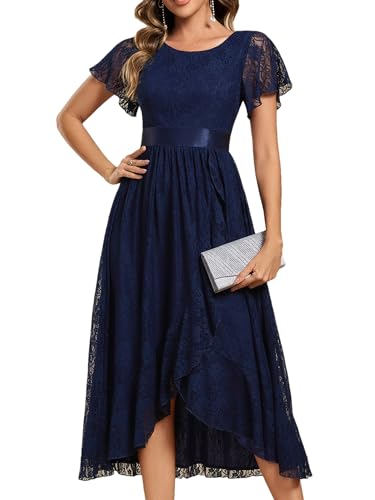 Ever-Pretty Abendkleider Damen Lang Rundhalsausschnitt Brautjungfernkleid Midi Ballkleider Chiffon V-Ausschnitt Cocktailkleid Kurze Ärmel Navy Blau 50 von Ever-Pretty