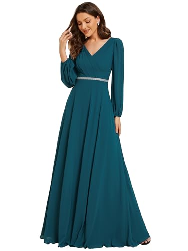 Ever-Pretty Abendkleider Elegant Für Hochzeit Lang Langarm Chiffonkleid Damen A Linie Maxi V-Ausschnitt Wedding Guest Dress Blaugrün 44 von Ever-Pretty