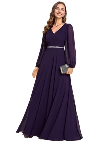 Ever-Pretty Abendkleider Elegant Für Hochzeit Lang Langarm Chiffonkleid Damen A Linie Maxi V-Ausschnitt Wedding Guest Dress Dunkelviolett 46 von Ever-Pretty