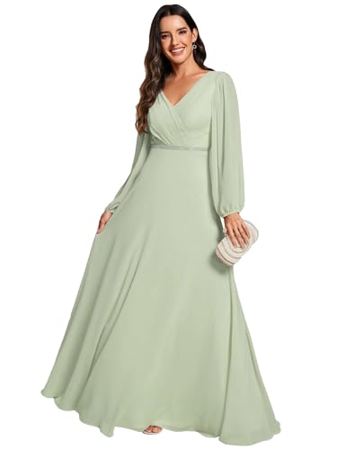 Ever-Pretty Abendkleider Elegant Für Hochzeit Lang Langarm Chiffonkleid Damen A Linie Maxi V-Ausschnitt Wedding Guest Dress Minzgrün 36 von Ever-Pretty