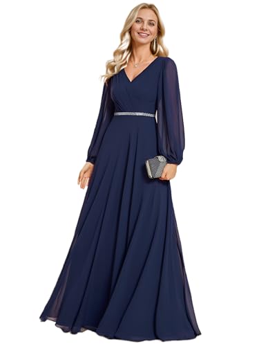 Ever-Pretty Abendkleider Elegant Für Hochzeit Lang Langarm Chiffonkleid Damen A Linie Maxi V-Ausschnitt Wedding Guest Dress Navy Blau 54 von Ever-Pretty