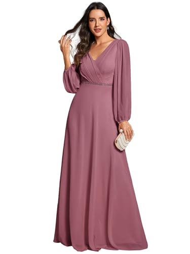 Ever-Pretty Abendkleider Elegant Für Hochzeit Lang Langarm Chiffonkleid Damen A Linie Maxi V-Ausschnitt Wedding Guest Dress Orchidee 52 von Ever-Pretty