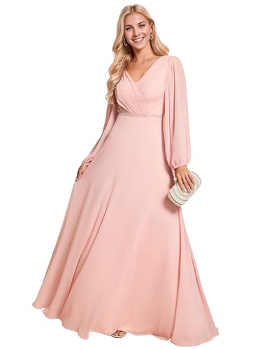 Ever-Pretty Abendkleider Elegant Für Hochzeit Lang Langarm Chiffonkleid Damen A Linie Maxi V-Ausschnitt Wedding Guest Dress Rosa 36 von Ever-Pretty