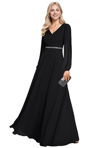 Ever-Pretty Abendkleider Elegant Für Hochzeit Lang Langarm Chiffonkleid Damen A Linie Maxi V-Ausschnitt Wedding Guest Dress Schwarz 52 von Ever-Pretty