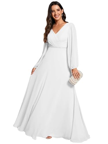 Ever-Pretty Abendkleider Elegant Für Hochzeit Lang Langarm Chiffonkleid Damen A Linie Maxi V-Ausschnitt Wedding Guest Dress Weiß 46 von Ever-Pretty