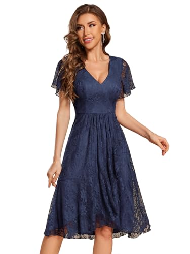 Ever-Pretty Abendkleider Elegant für Hochzeit Midi Spitzenkleider Kurze Ärmel Cocktailkleider für Frauen Hochzeitsgastkleider Ballkleid Navy Blau 46 von Ever-Pretty