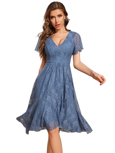 Ever-Pretty Abendkleider Elegant für Hochzeit Midi Spitzenkleider Kurze Ärmel Cocktailkleider für Frauen Hochzeitsgastkleider Ballkleid Staubige Marine 44 von Ever-Pretty