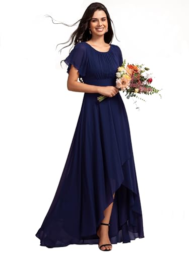 Ever-Pretty Abendkleider Elegantes Damen Für Hochzeit Chiffon Lang Ballkleider Kurze Ärmel Rundhalsausschnitt Hoch-Tief Brautjungfernkleider Navy Blau 38 von Ever-Pretty