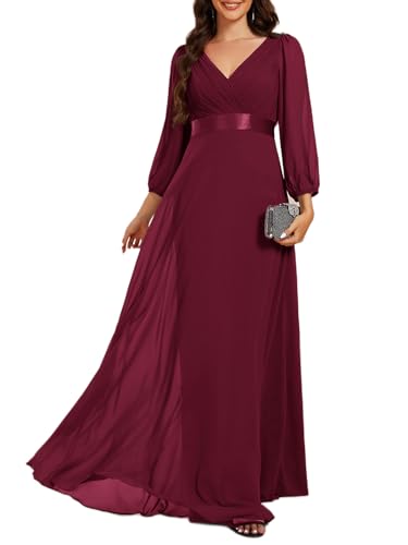 Ever-Pretty Abendkleider Elegantes Damen Für Hochzeit Lang Langarm Brautjungfernkleid Chiffon V-Ausschnitt Ballkleider Burgund 58 von Ever-Pretty