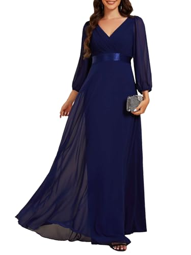 Ever-Pretty Abendkleider Elegantes Damen Für Hochzeit Lang Langarm Brautjungfernkleid Chiffon V-Ausschnitt Ballkleider Navy Blau 48 von Ever-Pretty