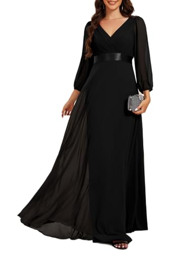 Ever-Pretty Abendkleider Elegantes Damen Für Hochzeit Lang Langarm Brautjungfernkleid Chiffon V-Ausschnitt Ballkleider Schwarz 50 von Ever-Pretty