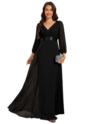 Ever-Pretty Abendkleider Elegantes Damen Für Hochzeit Lang Langarm Brautjungfernkleid Chiffon V-Ausschnitt Ballkleider Schwarz 52 von Ever-Pretty