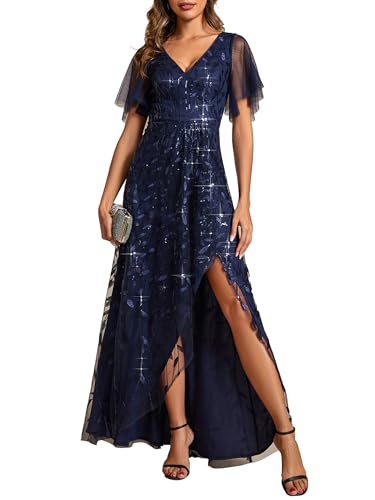 Ever-Pretty Abendkleider Lange Chiffon V-Ausschnitt Hochzeitskleider Brautjungfernkleider Gästekleider Navy Blau 50 von Ever-Pretty