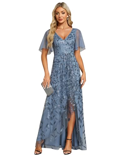 Ever-Pretty Abendkleider Lange Chiffon V-Ausschnitt Hochzeitskleider Brautjungfernkleider Gästekleider Staubige Marine 36 von Ever-Pretty