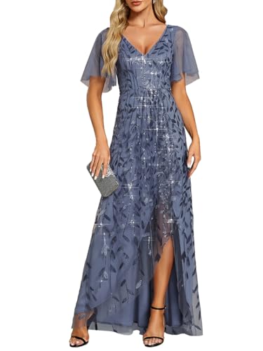 Ever-Pretty Abendkleider Lange Chiffon V-Ausschnitt Hochzeitskleider Brautjungfernkleider Gästekleider Staubige Marine 44 von Ever-Pretty