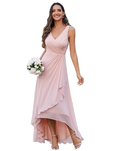 Ever-Pretty Abendkleider Lange Elegante Hochzeit Ärmellose A-Linie Ballkleider Damen Brautjungfernkleider Chiffon Unregelmäßige Kleider Rosa 40 von Ever-Pretty