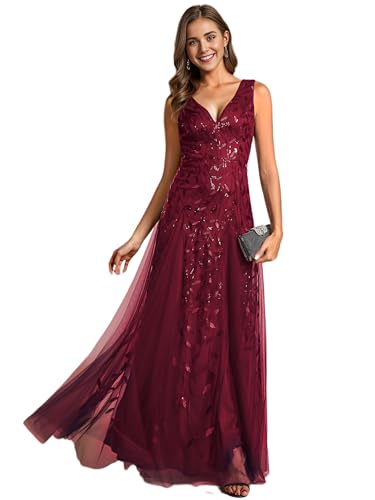Ever-Pretty Abendkleider Langes Netz Pailletten V-Ausschnitt Hochzeitskleider Brautjungfernkleider Gästekleider Burgund 38 von Ever-Pretty