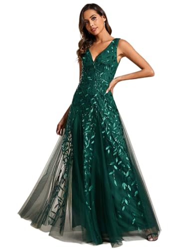 Ever-Pretty Abendkleider Langes Netz Pailletten V-Ausschnitt Hochzeitskleider Brautjungfernkleider Gästekleider Dunkelgrün 42 von Ever-Pretty