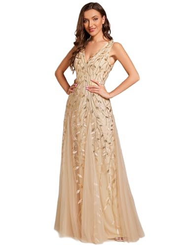 Ever-Pretty Abendkleider Langes Netz Pailletten V-Ausschnitt Hochzeitskleider Brautjungfernkleider Gästekleider Gold 42 von Ever-Pretty