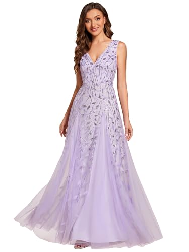 Ever-Pretty Abendkleider Langes Netz Pailletten V-Ausschnitt Hochzeitskleider Brautjungfernkleider Gästekleider Lavendel 46 von Ever-Pretty