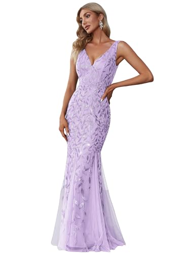 Ever-Pretty Abendkleider Langes Netz Pailletten V-Ausschnitt Hochzeitskleider Brautjungfernkleider Gästekleider Lavendel 54 von Ever-Pretty