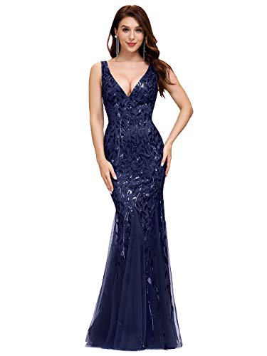 Ever-Pretty Abendkleider Langes Netz Pailletten V-Ausschnitt Hochzeitskleider Brautjungfernkleider Gästekleider Navy Blau 38 von Ever-Pretty