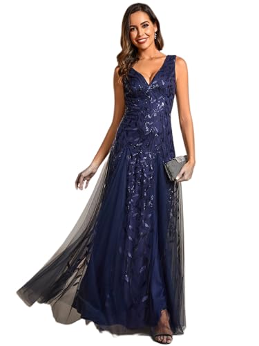 Ever-Pretty Abendkleider Langes Netz Pailletten V-Ausschnitt Hochzeitskleider Brautjungfernkleider Gästekleider Navy Blau 50 von Ever-Pretty