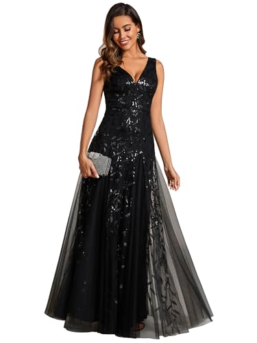 Ever-Pretty Abendkleider Langes Netz Pailletten V-Ausschnitt Hochzeitskleider Brautjungfernkleider Gästekleider Schwarz 36 von Ever-Pretty