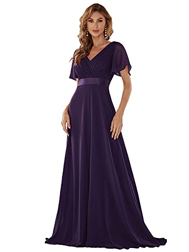 Ever-Pretty Abendkleider V-Ausschnitt Ballkleider Damen Lang Kurze Ärmel Brautjungfernkleider Chiffon Dunkelviolett 52 von Ever-Pretty