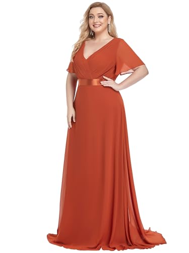Ever-Pretty Abendkleider V-Ausschnitt Ballkleider Damen Lang Kurze Ärmel Brautjungfernkleider Chiffon Gebranntes Orange 52 von Ever-Pretty