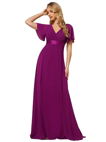 Ever-Pretty Abendkleider V-Ausschnitt Ballkleider Damen Lang Kurze Ärmel Brautjungfernkleider Chiffon Lila Rot 36 von Ever-Pretty