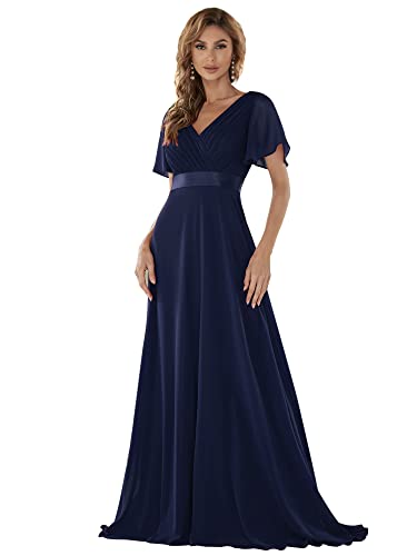 Ever-Pretty Abendkleider V-Ausschnitt Ballkleider Damen Lang Kurze Ärmel Brautjungfernkleider Chiffon Navy Blau 46 von Ever-Pretty