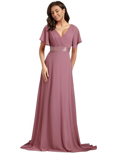 Ever-Pretty Abendkleider V-Ausschnitt Ballkleider Damen Lang Kurze Ärmel Brautjungfernkleider Chiffon Orchidee 50 von Ever-Pretty