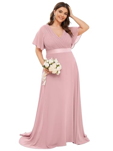 Ever-Pretty Abendkleider V-Ausschnitt Ballkleider Damen Lang Kurze Ärmel Brautjungfernkleider Chiffon Staubige Rose 48 von Ever-Pretty