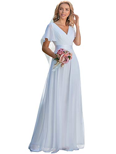 Ever-Pretty Abendkleider V-Ausschnitt Ballkleider Damen Lang Kurze Ärmel Brautjungfernkleider Chiffon Weiß 50 von Ever-Pretty