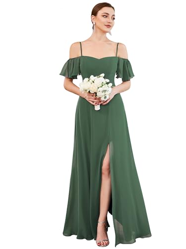 Ever-Pretty Abiballkleider Lang Damen Rüschen Eine Schulter Kurzarm Empire A Linie Chiffon Lange Abendkleider Mit Dekolletiert Eukalyptus Grün 40 von Ever-Pretty