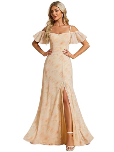 Ever-Pretty Abiballkleider Lang Damen Rüschen Eine Schulter Kurzarm Empire A Linie Chiffon Lange Abendkleider Mit Dekolletiert Goldene Rose 46 von Ever-Pretty