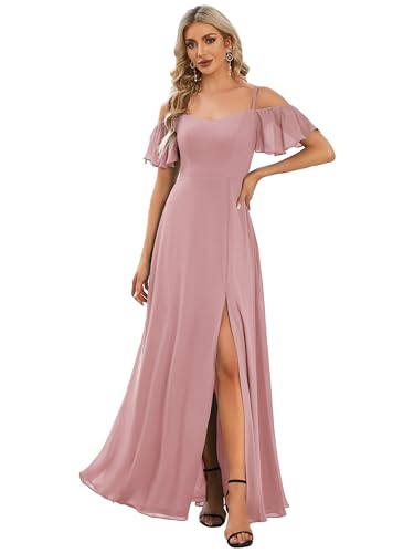 Ever-Pretty Abiballkleider Lang Damen Rüschen Eine Schulter Kurzarm Empire A Linie Chiffon Lange Abendkleider Mit Dekolletiert Staubige Rose 48 von Ever-Pretty