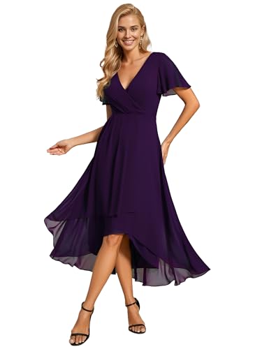 Ever-Pretty Brautjungfernkleid Asymmetrisches High Low A-Linie Chiffon V Ausschnitt Elegantes Damenkleid Dunkelviolett 38 von Ever-Pretty