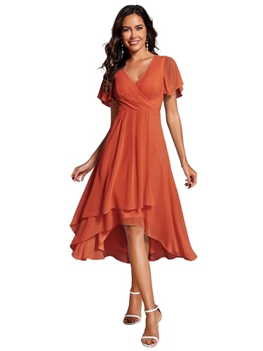 Ever-Pretty Brautjungfernkleid Asymmetrisches High Low A-Linie Chiffon V Ausschnitt Elegantes Damenkleid Gebranntes Orange 38 von Ever-Pretty